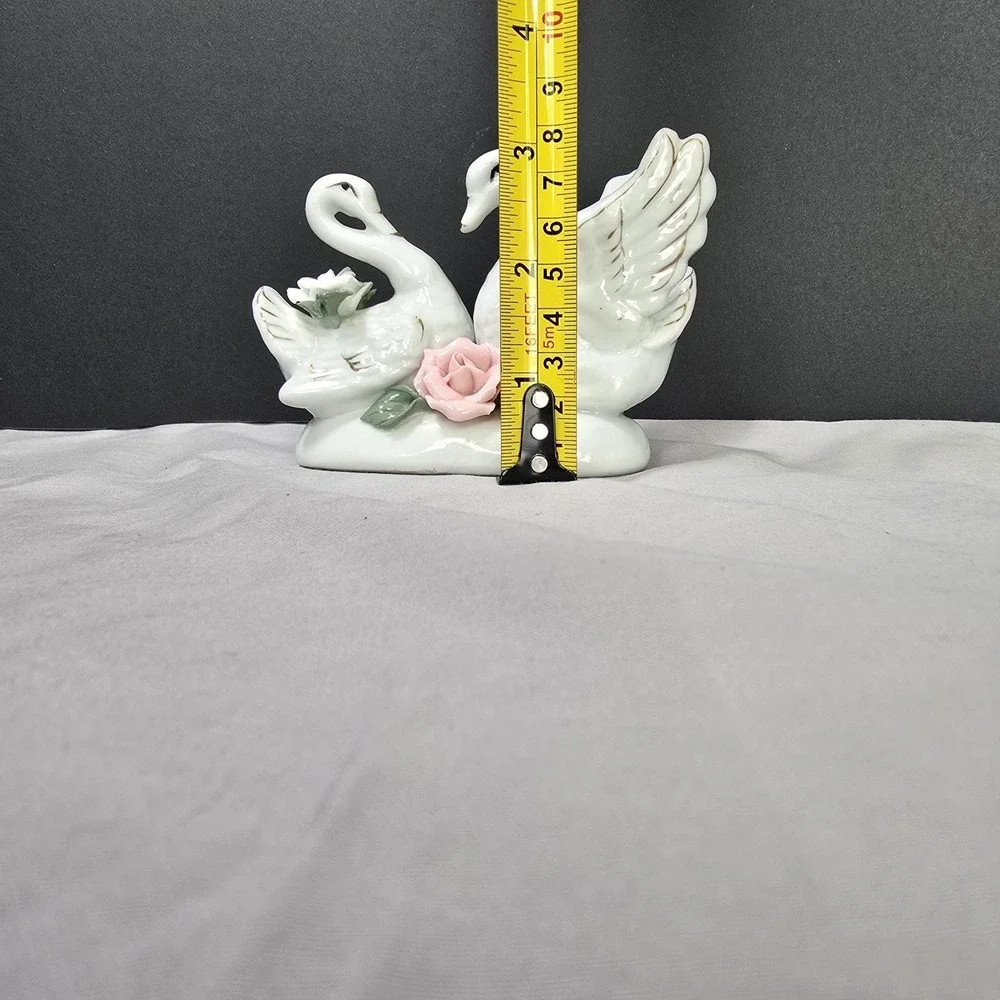 Porcelain Swan Figurine Vintage MCM Inspired Love Roses 4.5x3